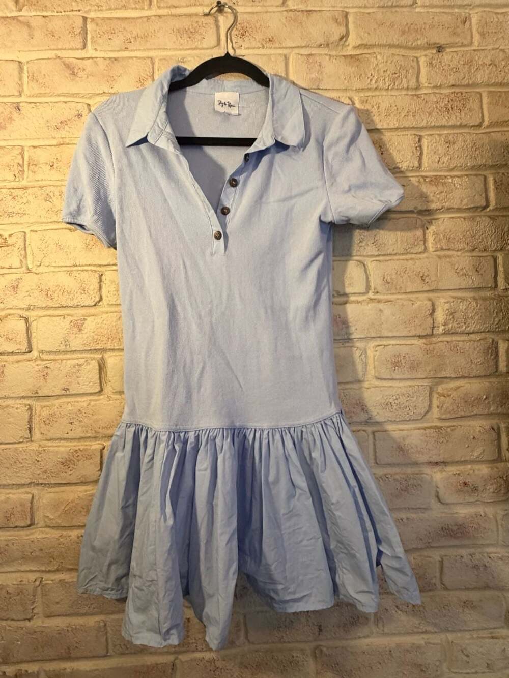 Sky to Moon Blue Ribbed Polo Mini Dress with Ruffle Hem
